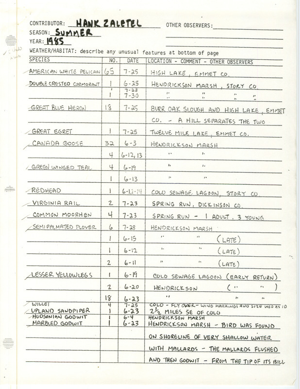 List of birds and locations contributed by Hank Zaletel. This item was used as supporting documentation for the Iowa Ornithologists Union Quarterly field report of summer 1985.