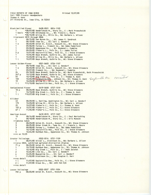 A compiled list of bird sightings (Plovers-Woodpeckers) for Fall 1985, printed December 7, 1985. This item was used as supporting documentation for the Iowa Ornithologists Union Quarterly field report of Fall 1985.