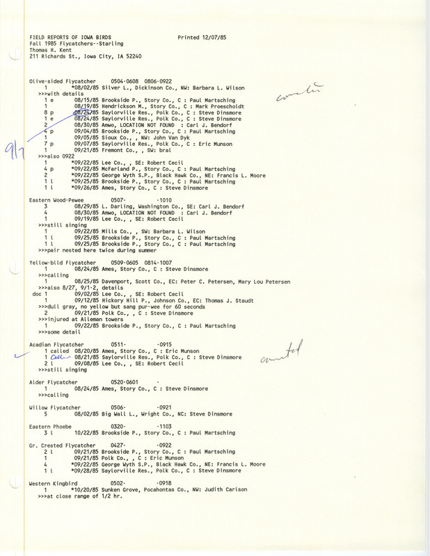 A compiled list of bird sightings (Flycatchers-Starlings) for Fall 1985, printed December 7, 1985. This item was used as supporting documentation for the Iowa Ornithologists Union Quarterly field report of Fall 1985.