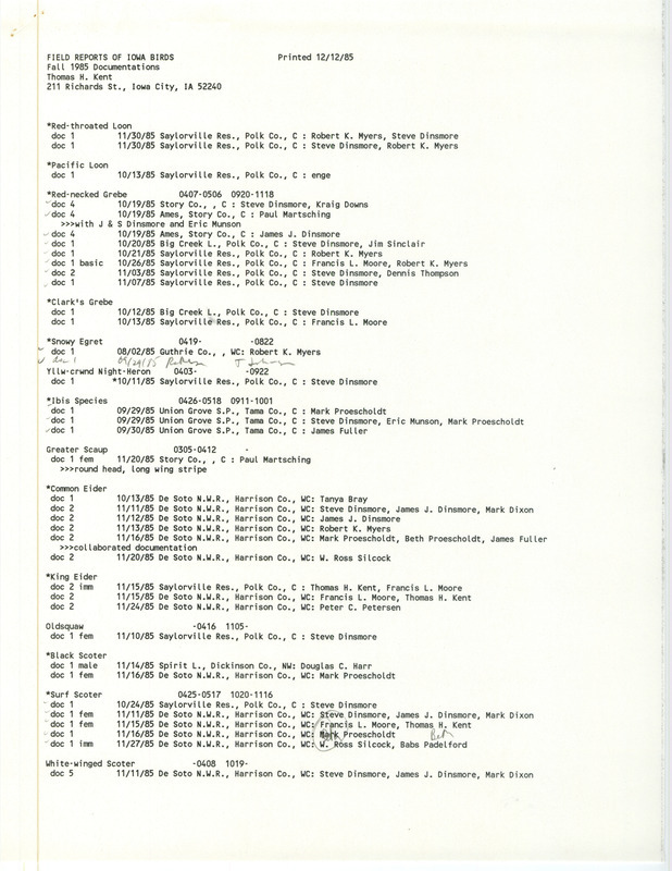 A compiled list of bird sightings (documentations) for Fall 1985, printed December 12, 1985. This item was used as supporting documentation for the Iowa Ornithologists Union Quarterly field report of Fall 1985.