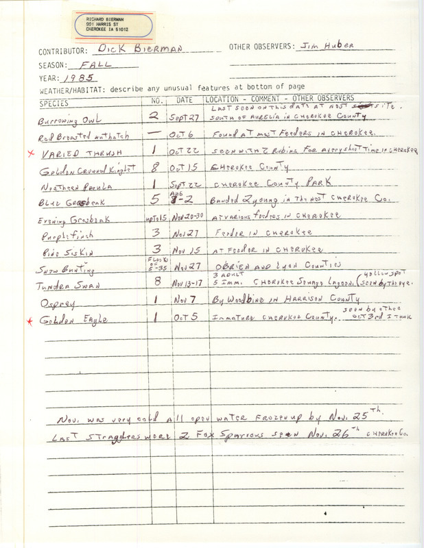 An annotated list of birds sighted by Dick Bierman. This item was used as supporting documentation for the Iowa Ornithologists Union Quarterly field report of Fall 1985.