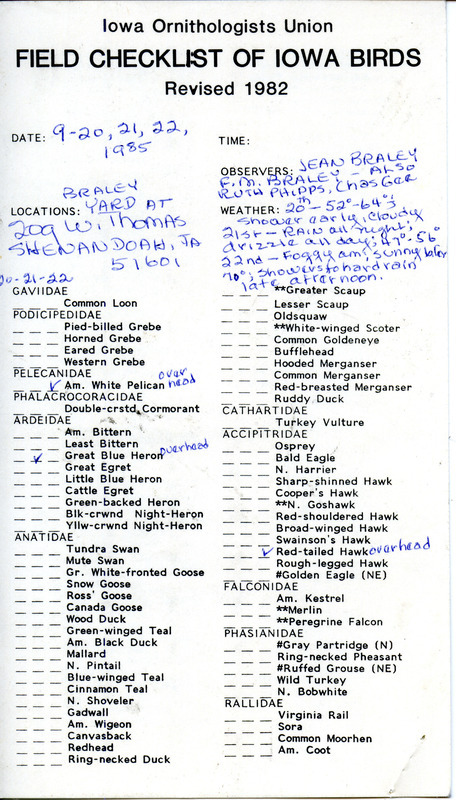 A checklist of birds sighted over three days in September from the Braley property in Shenandoah. Includes a letter from Jean Braley to Thomas Kent regarding Warbler and Thrush migration dated October 9, 1985. This item was used as supporting documentation for the Iowa Ornithologists Union Quarterly field report of Fall 1985.