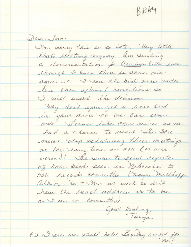 Letter discusses IOU and NOU meetings and includes an annotated list of birds sighted by Tanya Bray and others. This item was used as supporting documentation for the Iowa Ornithologists Union Quarterly field report of Fall 1985.