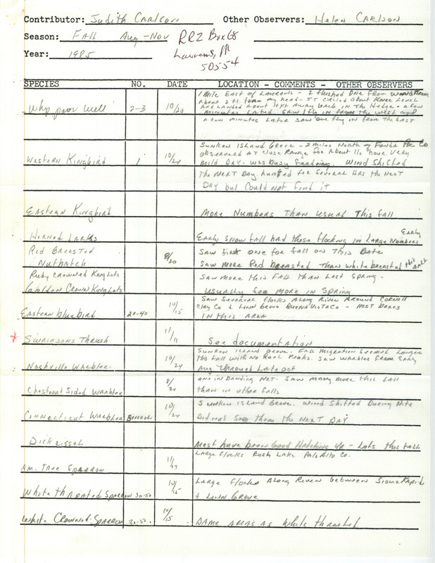 An annotated list of birds sighted by Judith Carlson. This item was used as supporting documentation for the Iowa Ornithologists Union Quarterly field report of Fall 1985.