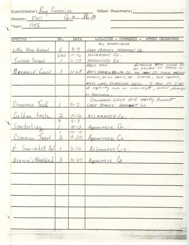 An annotated list of birds sighted by Ray Cummins. This item was used as supporting documentation for the Iowa Ornithologists Union Quarterly field report of Fall 1985.