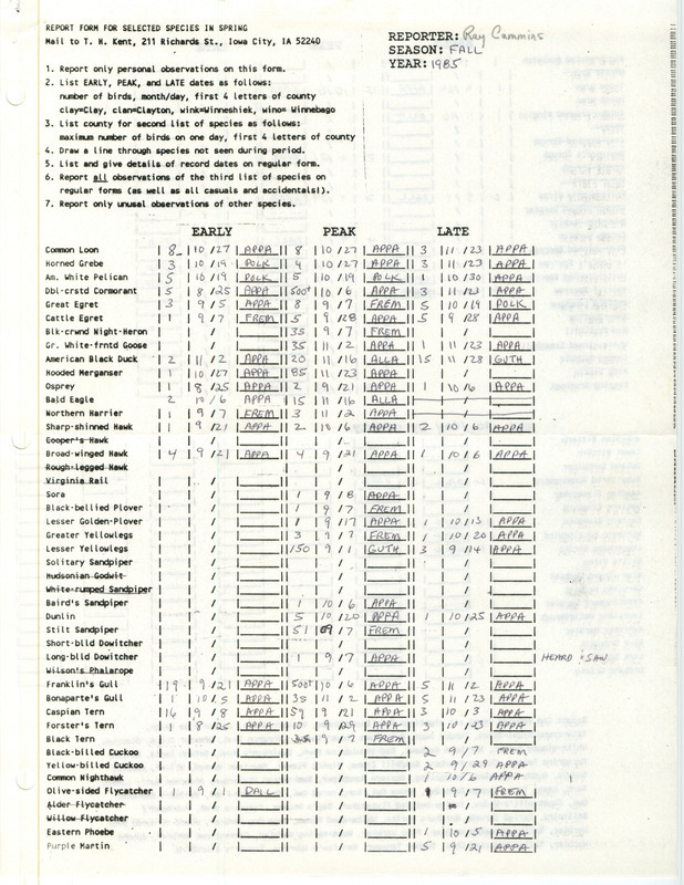 A checklist of birds sighted by Ray Cummins. This item was used as supporting documentation for the Iowa Ornithologists Union Quarterly field report of Fall 1985.