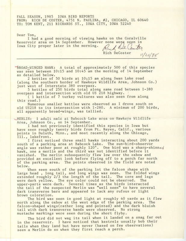 An annotated list of birds sighted by Rich DeCoster. This item was used as supporting documentation for the Iowa Ornithologists Union Quarterly field report of Fall 1985.