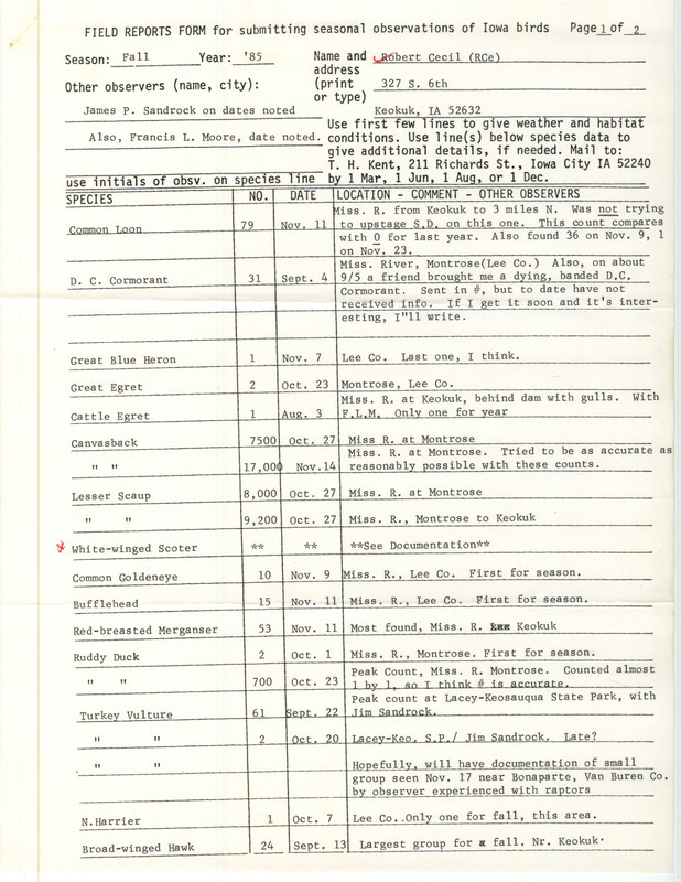 An annotated list of birds sighted by Robert Cecil and others. Includes a note from Bob Cecil to Thomas Kent regarding the documentation he submitted for a White-winged Scoter sighting. This item was used as supporting documentation for the Iowa Ornithologists Union Quarterly field report of Fall 1985.