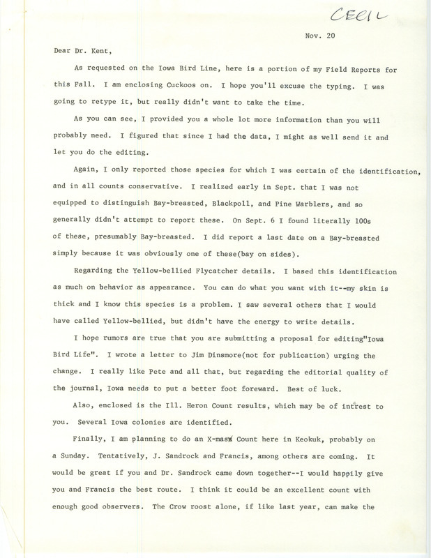 The letter discusses Fall bird sightings and proposed editorial changes to Iowa Bird Life. Includes an annotated list of birds sighted. This item was used as supporting documentation for the Iowa Ornithologists Union Quarterly field report of Fall 1985.