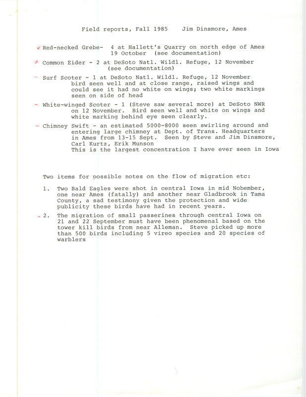 An annotated list of birds sighted by Jim Dinsmore and others. This item was used as supporting documentation for the Iowa Ornithologists Union Quarterly field report of Fall 1985.