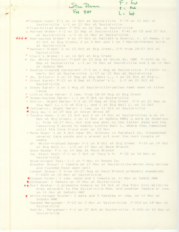 An annotated list of birds sighted by Steve Dinsmore. This item was used as supporting documentation for the Iowa Ornithologists Union Quarterly field report of Fall 1985.