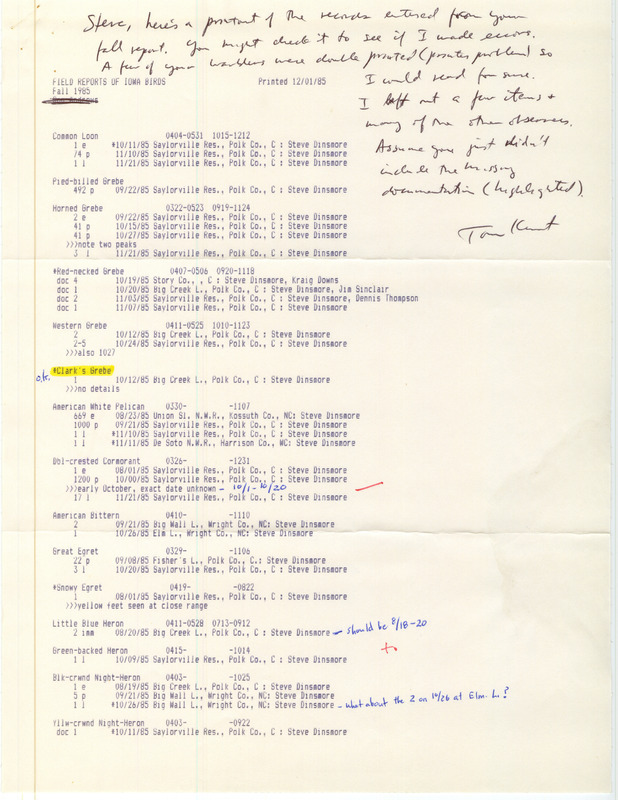 A list of birds sighted by Steve Dinsmore, compiled and printed out by Thomas Kent on December 1, 1985. This item was used as supporting documentation for the Iowa Ornithologists Union Quarterly field report of Fall 1985.