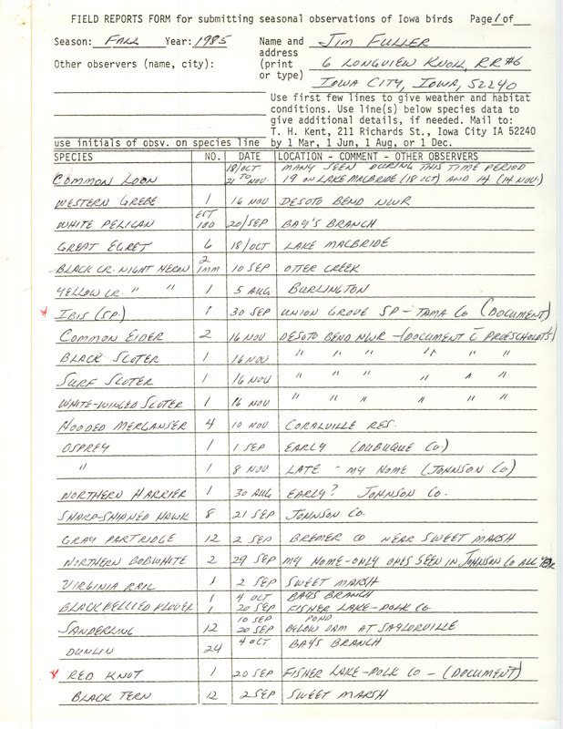 An annotated list of birds sighted by Jim Fuller. This item was used as supporting documentation for the Iowa Ornithologists Union Quarterly field report of Fall 1985.