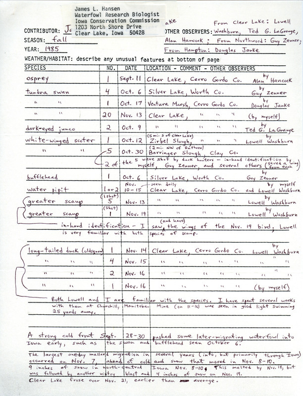 An annotated list of birds sighted by James Hansen and others. This item was used as supporting documentation for the Iowa Ornithologists Union Quarterly field report of Fall 1985.