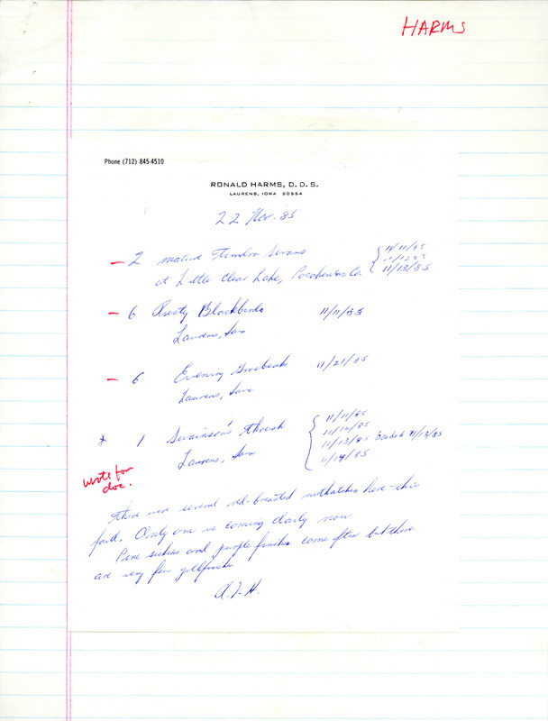 A note listing birds sighted by Ronald Harms dated November 22, 1985. This item was used as supporting documentation for the Iowa Ornithologists Union Quarterly field report of Fall 1985.