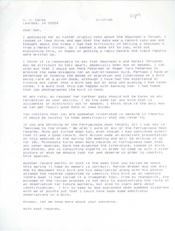 Thomas Kent explains why he asks for additional documentation for out-of-season and accidental birds. This item was used as supporting documentation for the Iowa Ornithologists Union Quarterly field report of Fall 1985.