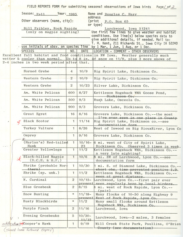 An annotated list of birds sighted by Douglas Harr and others. This item was used as supporting documentation for the Iowa Ornithologists Union Quarterly field report of Fall 1985.