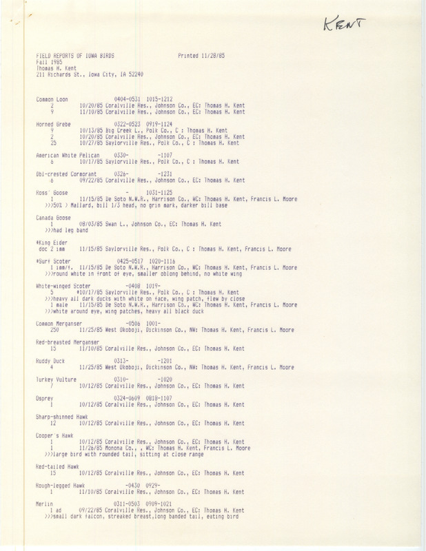 A compiled list of bird sightings for Fall 1985, printed November 28, 1985. This item was used as supporting documentation for the Iowa Ornithologists Union Quarterly field report of Fall 1985.