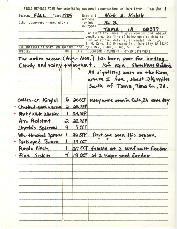 An annotated list of birds sighted by Nick Kubik. This item was used as supporting documentation for the Iowa Ornithologists Union Quarterly field report of Fall 1985.