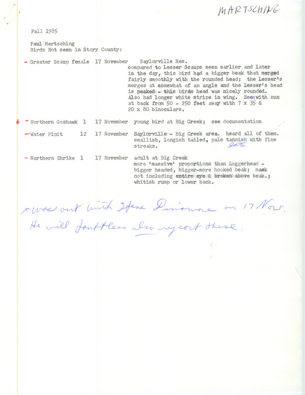 An annotated list of birds sighted by Paul Martsching. This item was used as supporting documentation for the Iowa Ornithologists Union Quarterly field report of Fall 1985.