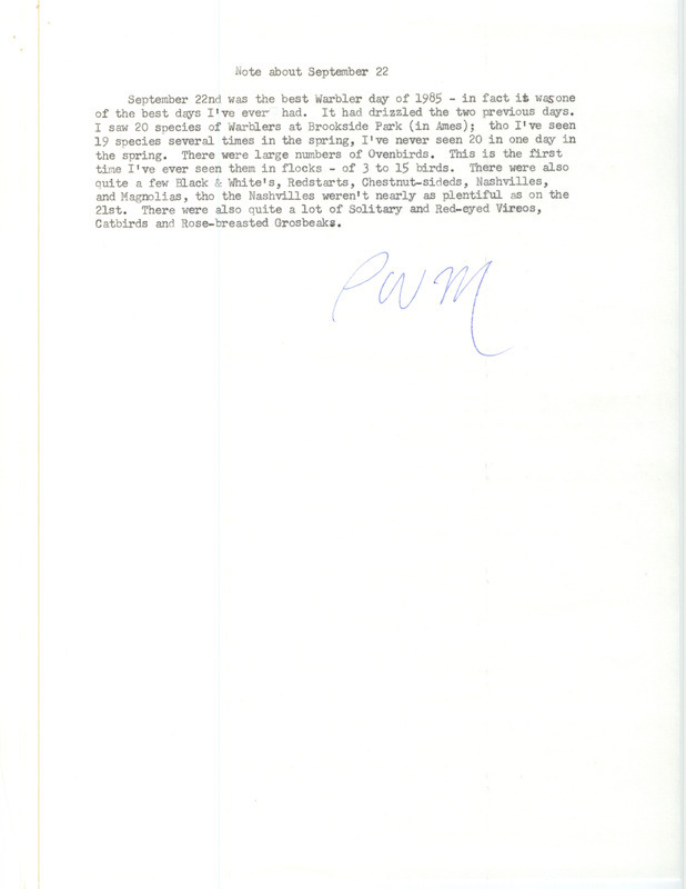 Paul Martsching reports that September 22 was one of the best days he has ever had for sighting Warblers. This item was used as supporting documentation for the Iowa Ornithologists Union Quarterly field report of Fall 1985.