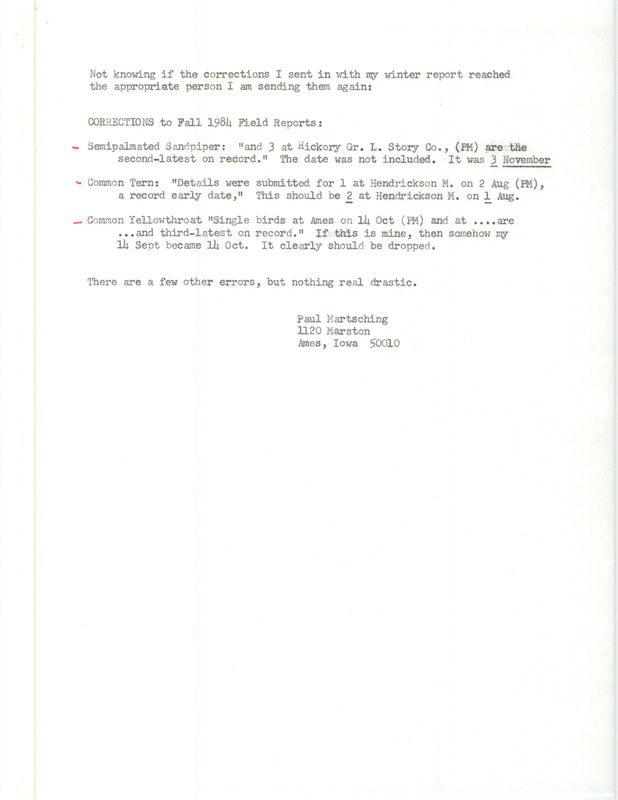 Paul Martsching submits corrections and clarifications to his Fall 1984 field report. This item was used as supporting documentation for the Iowa Ornithologists Union Quarterly field report of Fall 1985.