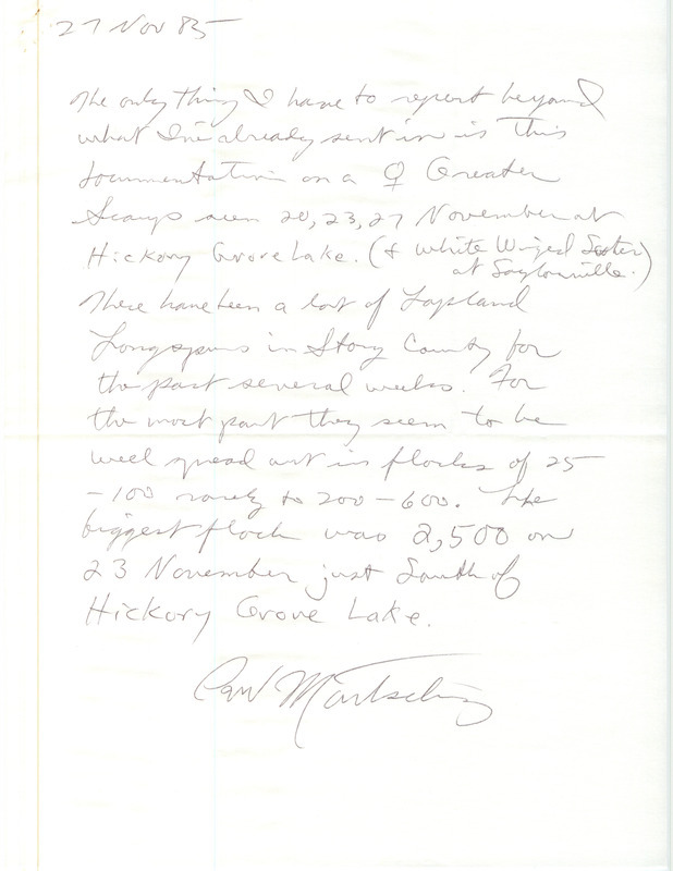 Paul Martsching mentions sighting a Greater Scaup at Hickory Grove, White-winged Scoter at Saylorville and Lapland Longspur all over Story County. This item was used as supporting documentation for the Iowa Ornithologists Union Quarterly field report of Fall 1985.