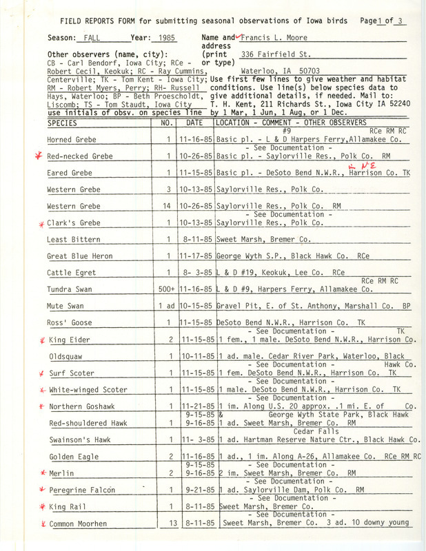 An annotated list of birds sighted by Francis Moore and others. Includes a letter with addenda dated December 7, 1985. This item was used as supporting documentation for the Iowa Ornithologists Union Quarterly field report of Fall 1985.