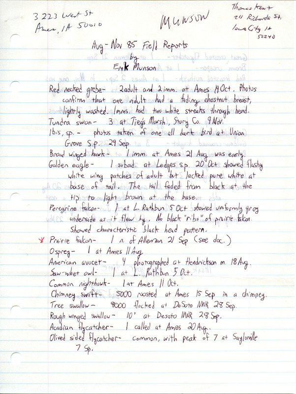 Annotated bird sighting list for Fall 1985 compiled by Erik Munson. Includes addenda "Part II Fall field reports." This item was used as supporting documentation for the Iowa Ornithologists Union Quarterly field report of Fall 1985.