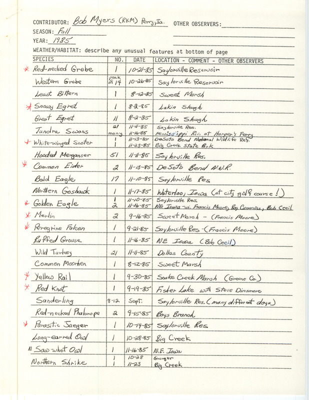 An annotated list of birds sighted by Bob Myers. Includes a postcard from Bob Myers to Thomas Kent regarding Parasitic Jaeger review and a questionable Barnacle Goose. This item was used as supporting documentation for the Iowa Ornithologists Union Quarterly field report of Fall 1985.