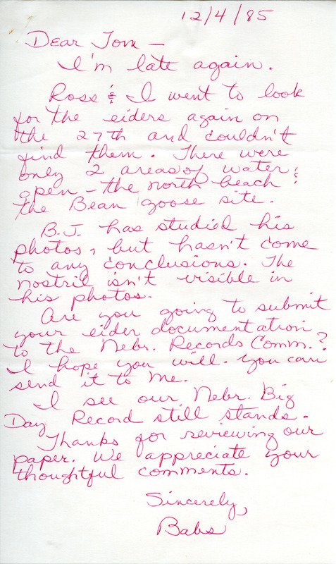 The letter discusses trying to document an Eider sighting and includes an annotated list of birds sighted by Babs Padelford and others. This item was used as supporting documentation for the Iowa Ornithologists Union Quarterly field report of Fall 1985.