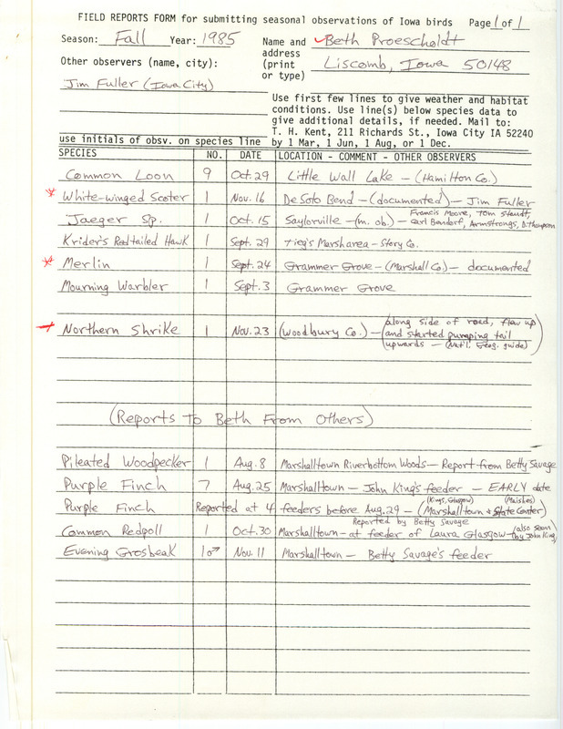 An annotated list of birds sighted by Beth Proescholdt and others. This item was used as supporting documentation for the Iowa Ornithologists Union Quarterly field report of Fall 1985.