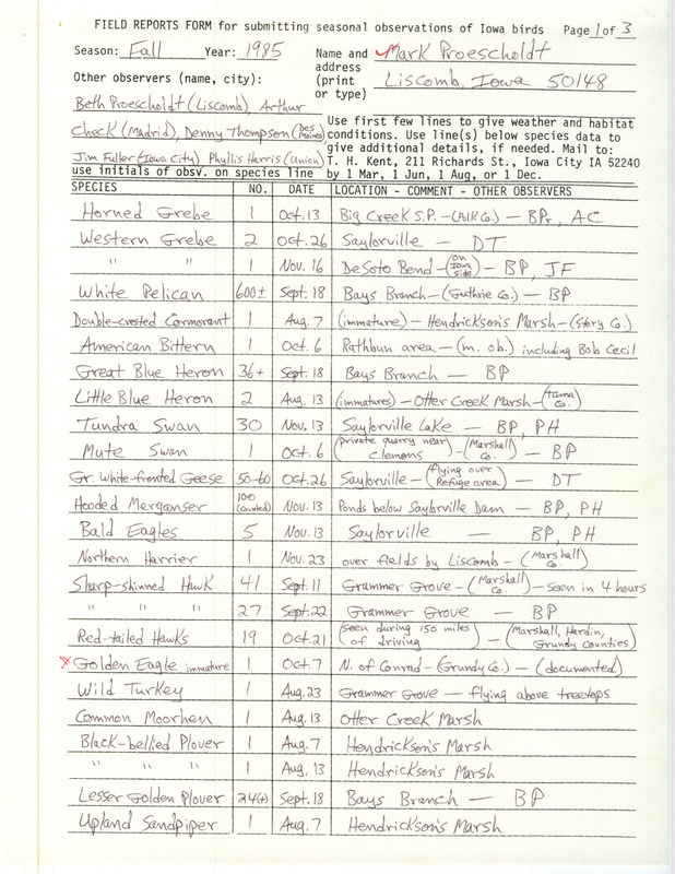 An annotated list of birds sighted by Mark Proescholdt and others. This item was used as supporting documentation for the Iowa Ornithologists Union Quarterly field report of Fall 1985.