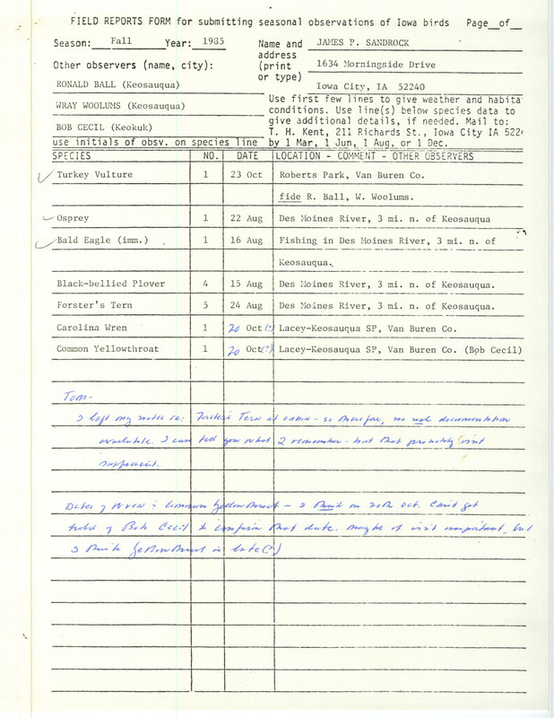 An annotated list of birds sighted by James Sandrock and others.This item was used as supporting documentation for the Iowa Ornithologists Union Quarterly field report of Fall 1985.