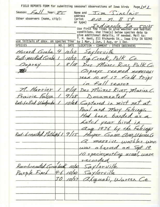 An annotated list of birds sighted by Jim Sinclair. This item was used as supporting documentation for the Iowa Ornithologists Union Quarterly field report of Fall 1985.