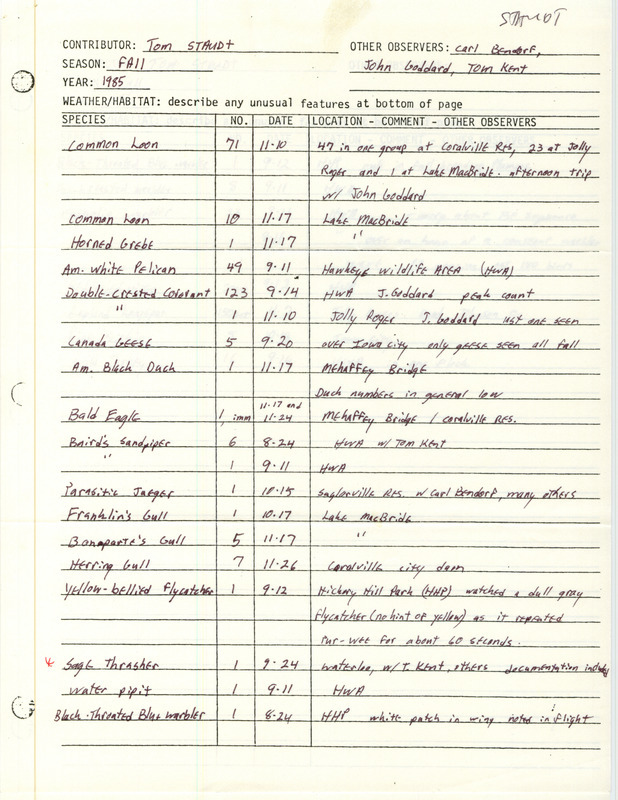 An annotated list of birds sighted by Tom Staudt and others. This item was used as supporting documentation for the Iowa Ornithologists Union Quarterly field report of Fall 1985.