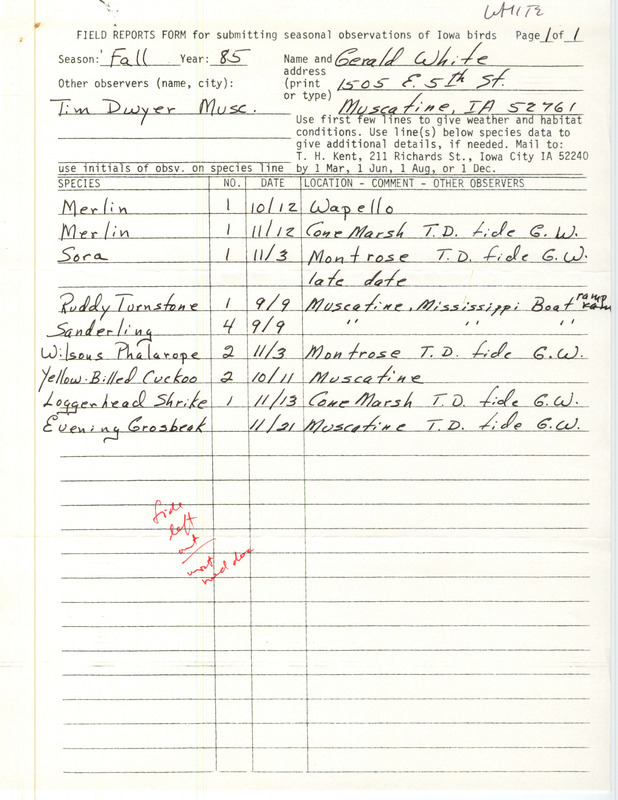 An annotated list of birds sighted by Gerald White. This item was used as supporting documentation for the Iowa Ornithologists Union Quarterly field report of Fall 1985.