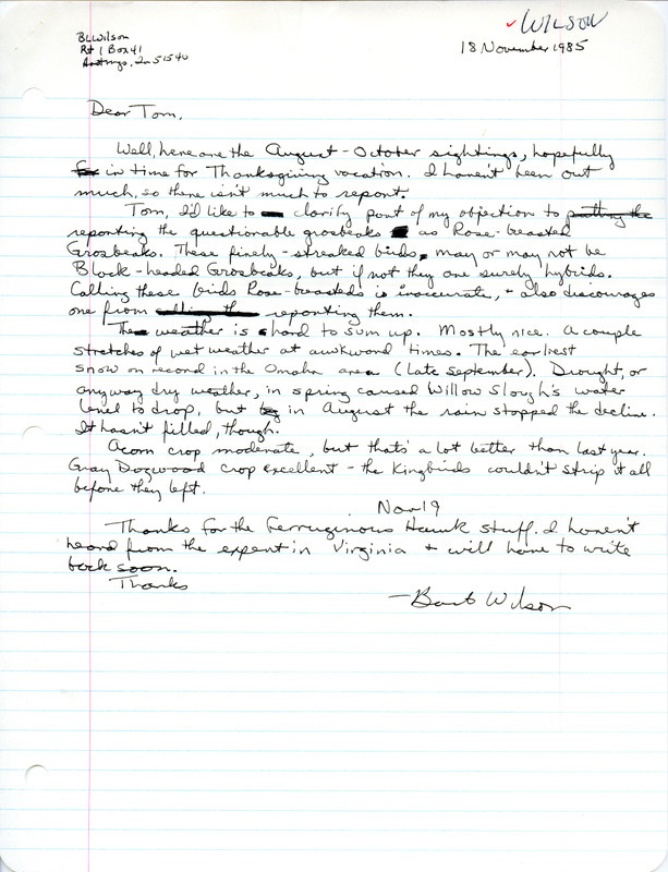 Letter discussing Grosbeak sightings, the weather and includes a list of birds sighted. This item was used as supporting documentation for the Iowa Ornithologists Union Quarterly field report of Fall 1985.