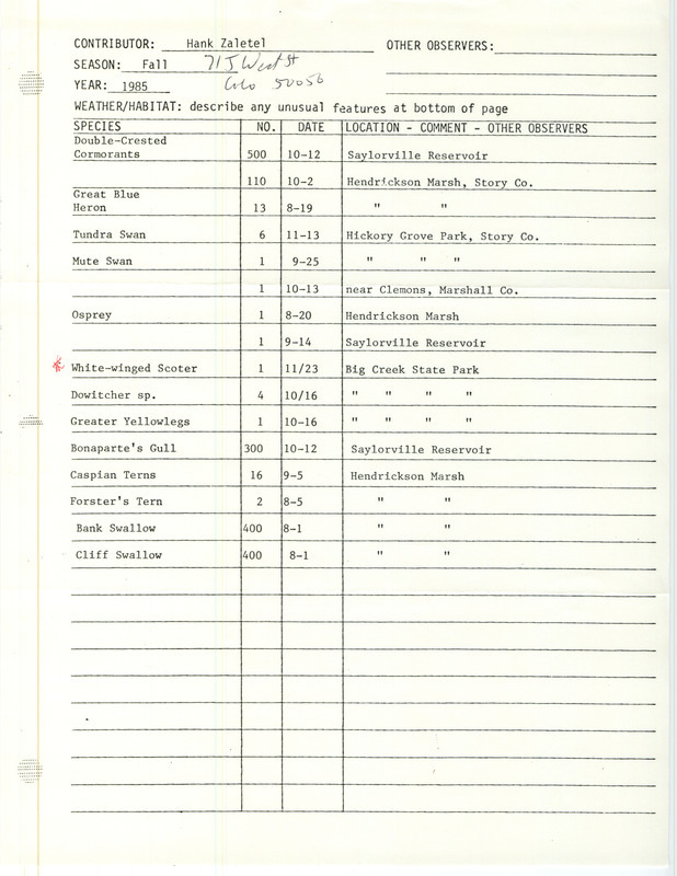 An annotated list of birds sighted by Hank Zaletel. This item was used as supporting documentation for the Iowa Ornithologists Union Quarterly field report of Fall 1985.