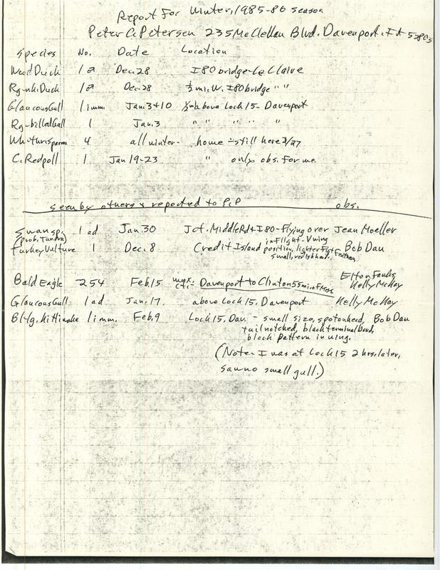 An annotated list of birds sighted by Peter Petersen and others in the Davenport area. This item was used as supporting documentation for the Iowa Ornithologists Union Quarterly field report of Winter 1985-1986.