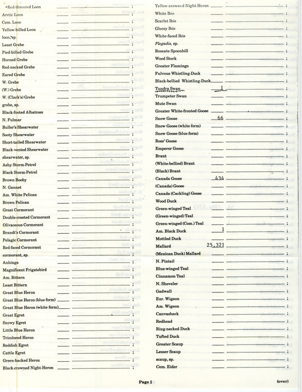 Checklist dated January 6, 1986 compiled by Karen Drews. A list birds sighted by Drews and 26 others at De Soto National Wildlife Refuge. A total of 56 species and 32,955 individual birds were sighted. This item was used as supporting documentation for the Iowa Ornithologists Union Quarterly field report of Winter 1985-1986.