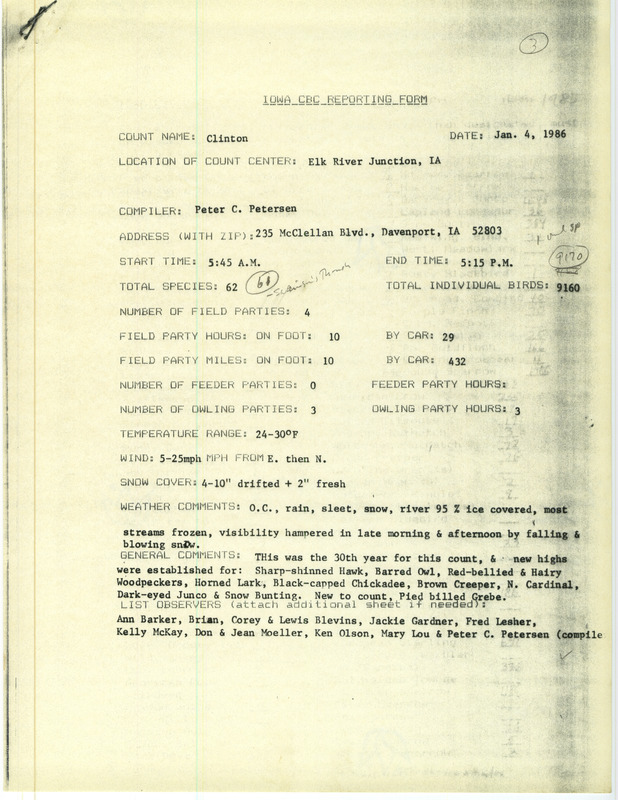 Checklist dated January 4, 1986 compiled by Peter Petersen. A list of birds sighted by Petersen and eleven others around Clinton. A total of 62 species and 9,160 individual birds were sighted. This item was used as supporting documentation for the Iowa Ornithologists Union Quarterly field report of Winter 1985-1986.