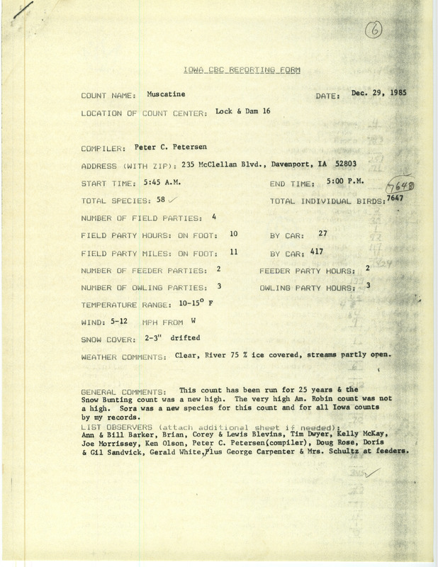 Checklist dated December 29, 1985 compiled by Peter Petersen. A list of birds sighted by Petersen and fifteen others around Muscatine. A total of 58 species and 7,647 individual birds were sighted. This item was used as supporting documentation for the Iowa Ornithologists Union Quarterly field report of Winter 1985-1986.