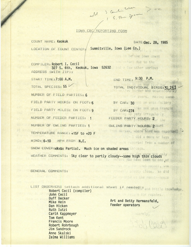 Checklist dated December 28, 1985 compiled by Robert Cecil. A list of birds sighted by Cecil and fourteen others around Keokuk. A total of 55 species and 31,251 individual birds were sighted. This item was used as supporting documentation for the Iowa Ornithologists Union Quarterly field report of Winter 1985-1986.