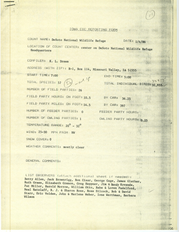 Checklist dated January 4, 1986 compiled by Karen Drews. A list of birds sighted by Drews and twenty-six others at the DeSoto National Wildlife Refuge. A total of 57 species and 32,955 individual birds were sighted. This item was used as supporting documentation for the Iowa Ornithologists Union Quarterly field report of Winter 1985-1986.