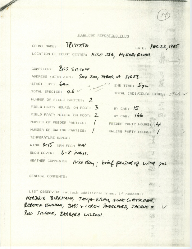 Checklist dated December 22, 1985 compiled by Ross Silcock. A list of birds sighted by Silcock and eight others around Schemmel Island. A total of 46 species and 3,969 individual birds were sighted. This item was used as supporting documentation for the Iowa Ornithologists Union Quarterly field report of Winter 1985-1986.