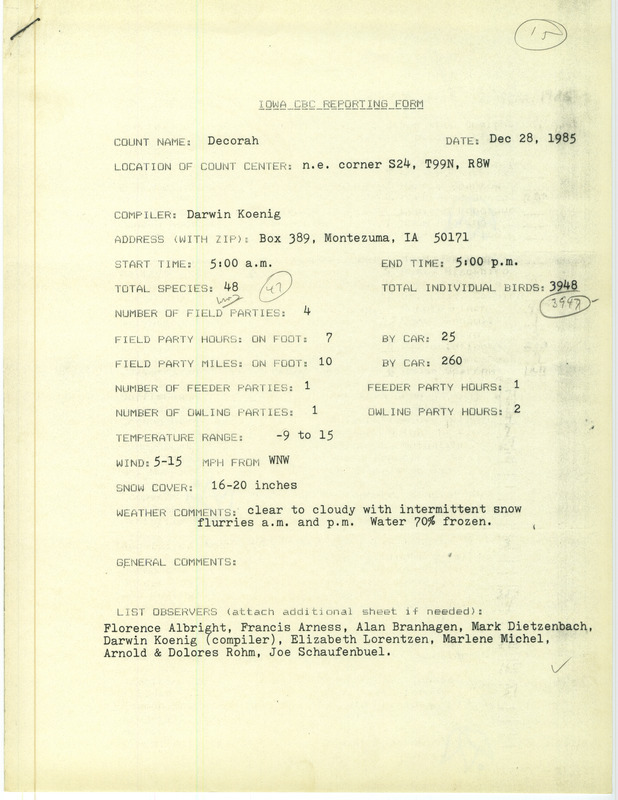 Checklist dated December 28, 1985 compiled by Darwin Koenig. A list of birds sighted by Koenig and nine others around Decorah. A total of 48 species and 3,948 individual birds were sighted. This item was used as supporting documentation for the Iowa Ornithologists Union Quarterly field report of Winter 1985-1986.