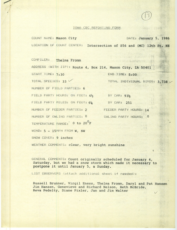 Checklist dated January 5, 1986 compiled by Thelma Fromm. A list of birds sighted by Fromm and twelve others around Mason City. A total of 33 species and 3,738 individual birds were sighted. This item was used as supporting documentation for the Iowa Ornithologists Union Quarterly field report of Winter 1985-1986.