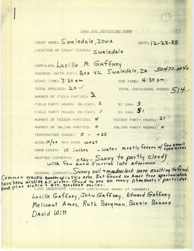 Checklist dated December 28, 1985 compiled by Lucille Gaffney. A list of birds sighted by Gaffney and six others around Swaledale. A total of 20 species and 514 individual birds were sighted. This item was used as supporting documentation for the Iowa Ornithologists Union Quarterly field report of Winter 1985-1986.