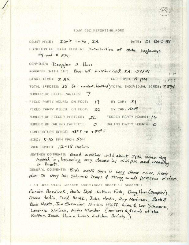 Checklist dated December 21, 1985 compiled by Douglas Harr. A list of birds sighted by Harr and fifteen others around Spirit Lake. A total of 38 species and 7,894 individual birds were sighted. This item was used as supporting documentation for the Iowa Ornithologists Union Quarterly field report of Winter 1985-1986.